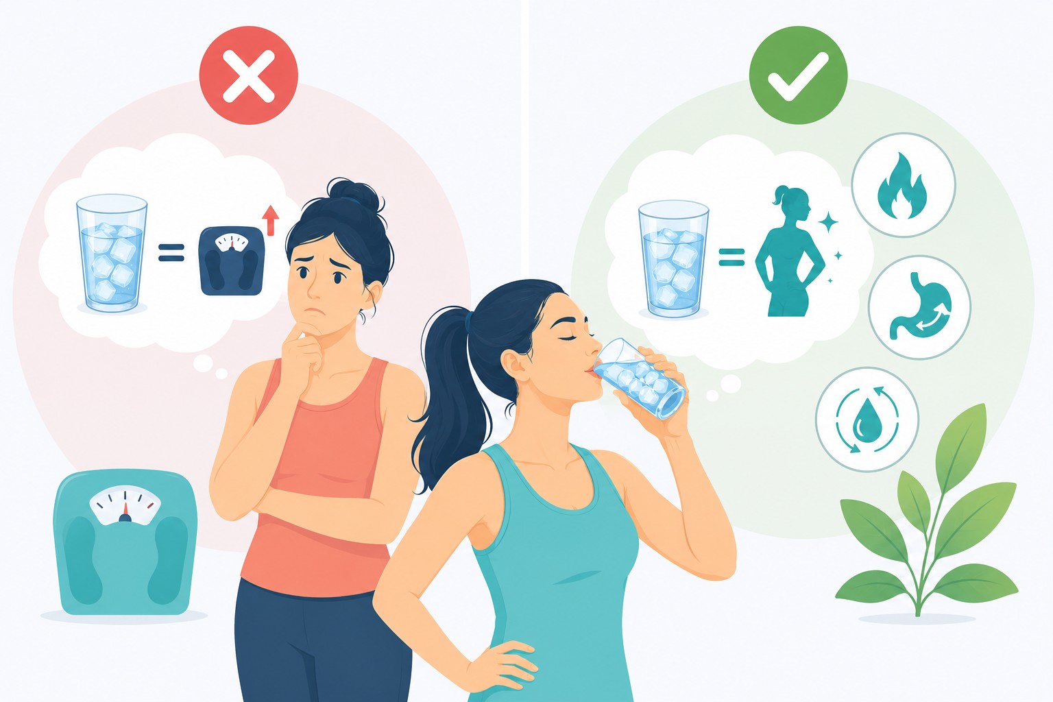 Illustration showing myth versus truth about cold water and weight gain