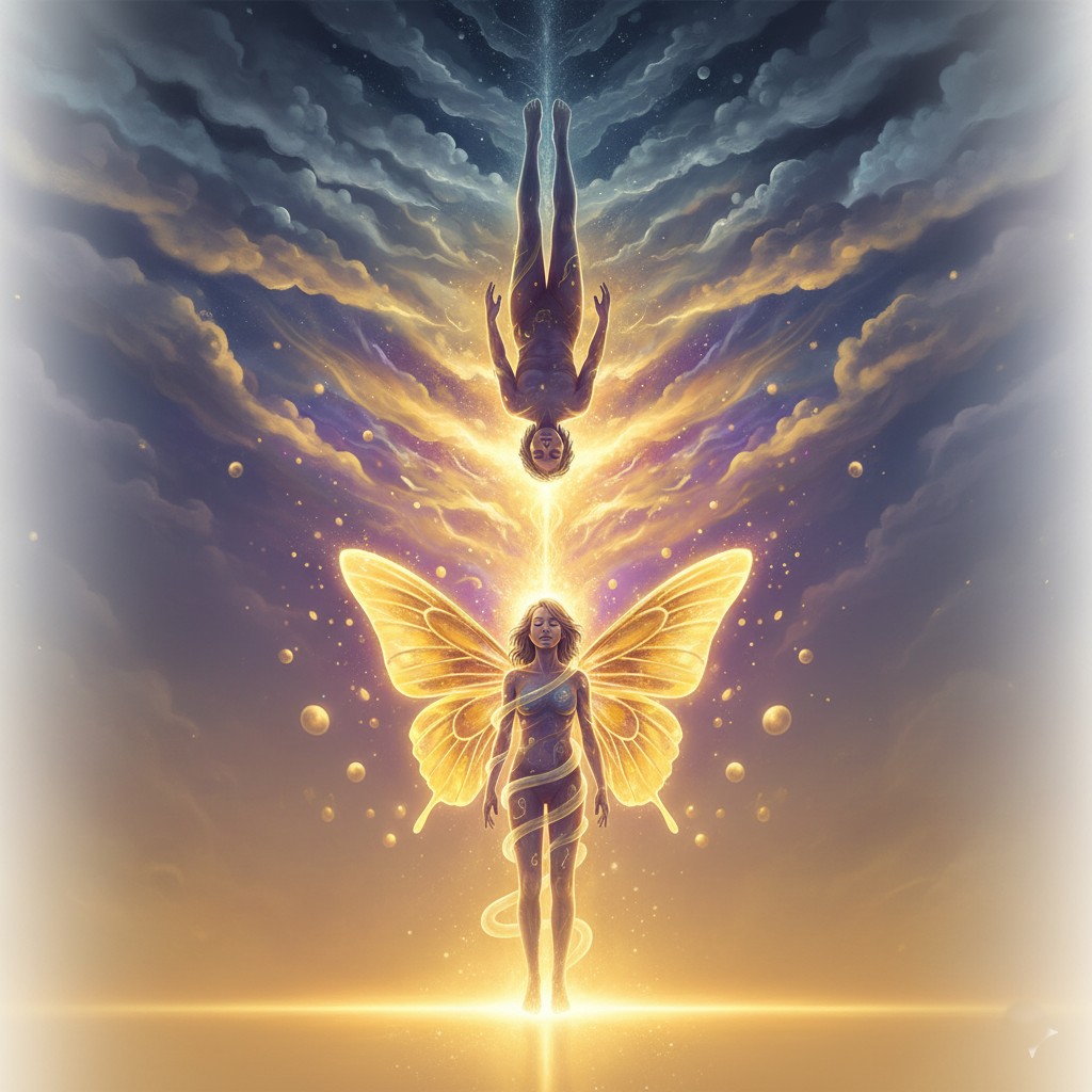 Dream of falling symbolizing loss of control and surrender to transformation