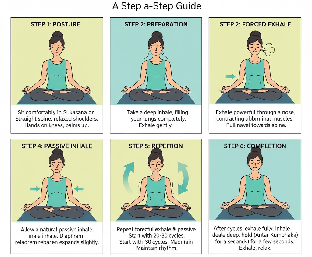 Step-by-step Kapalbhati posture and abdominal engagement sequence