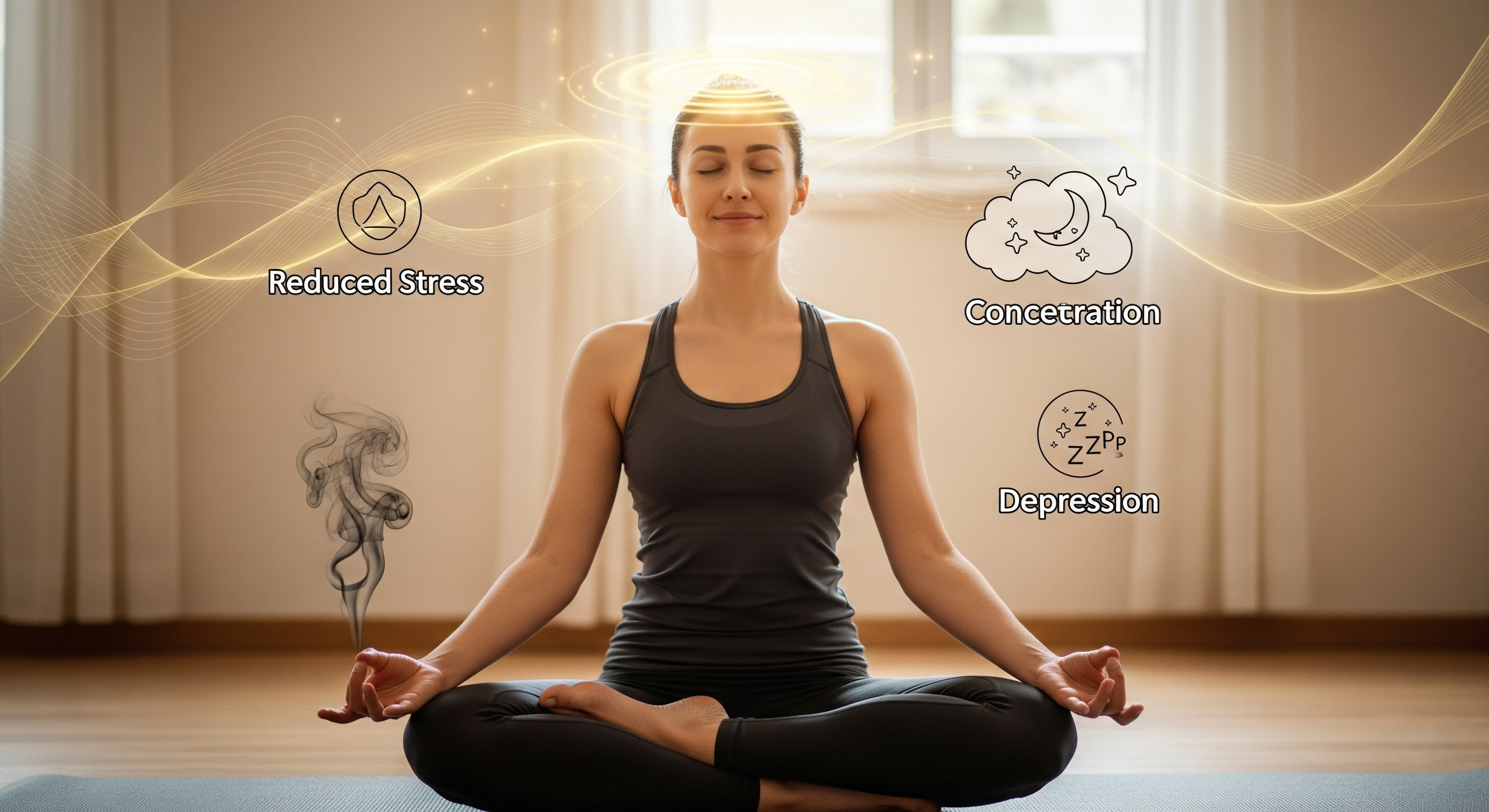 Mental benefits collage: focus, calm mind, mood balance