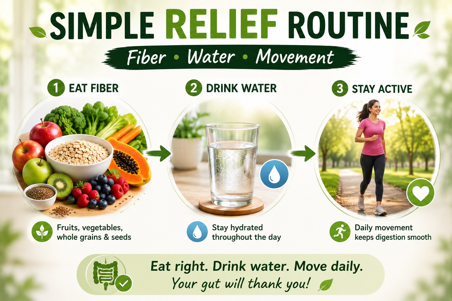 Simple relief routine: fiber, water, movement