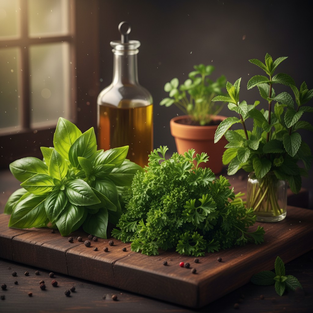 Fresh parsley mint and basil leaves