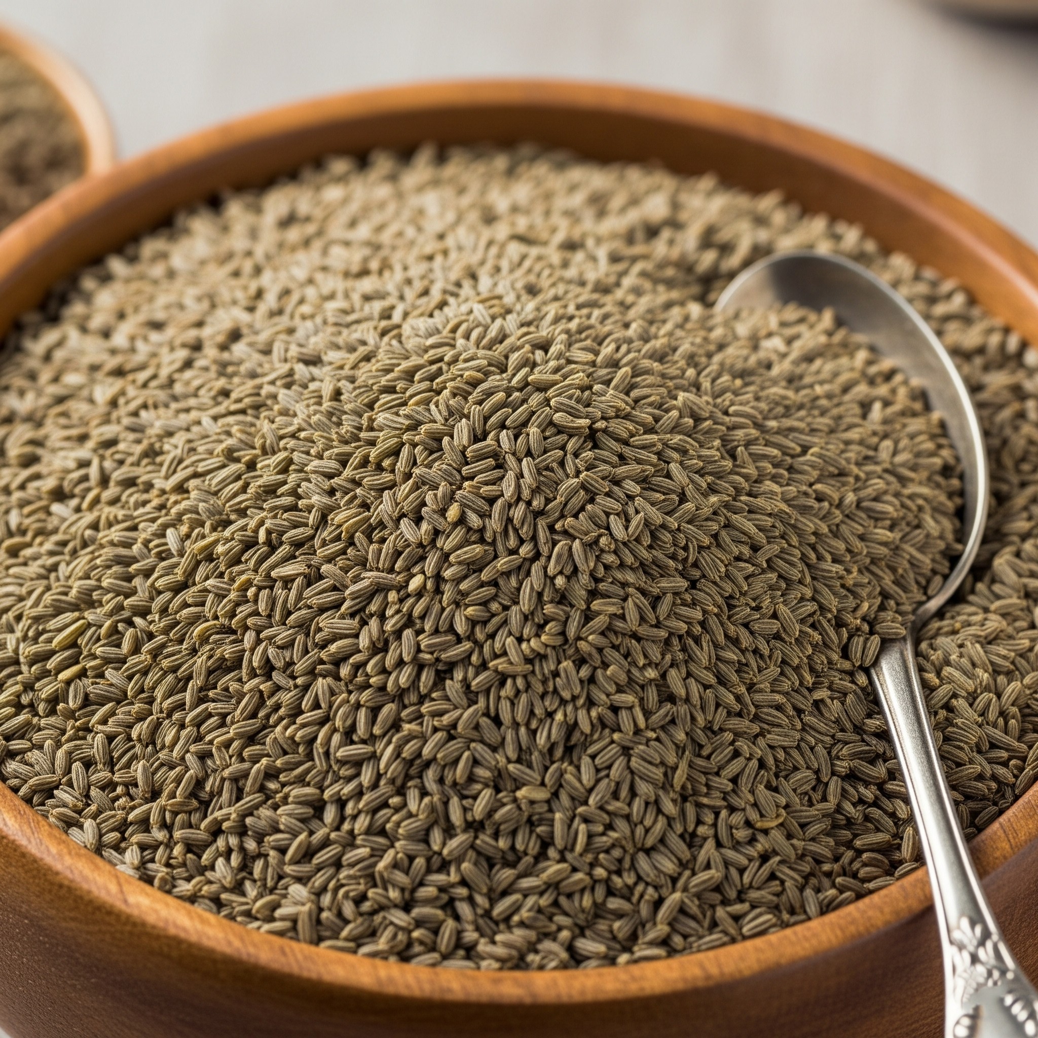 Spoonful of carom (ajwain) seeds ready for infusion