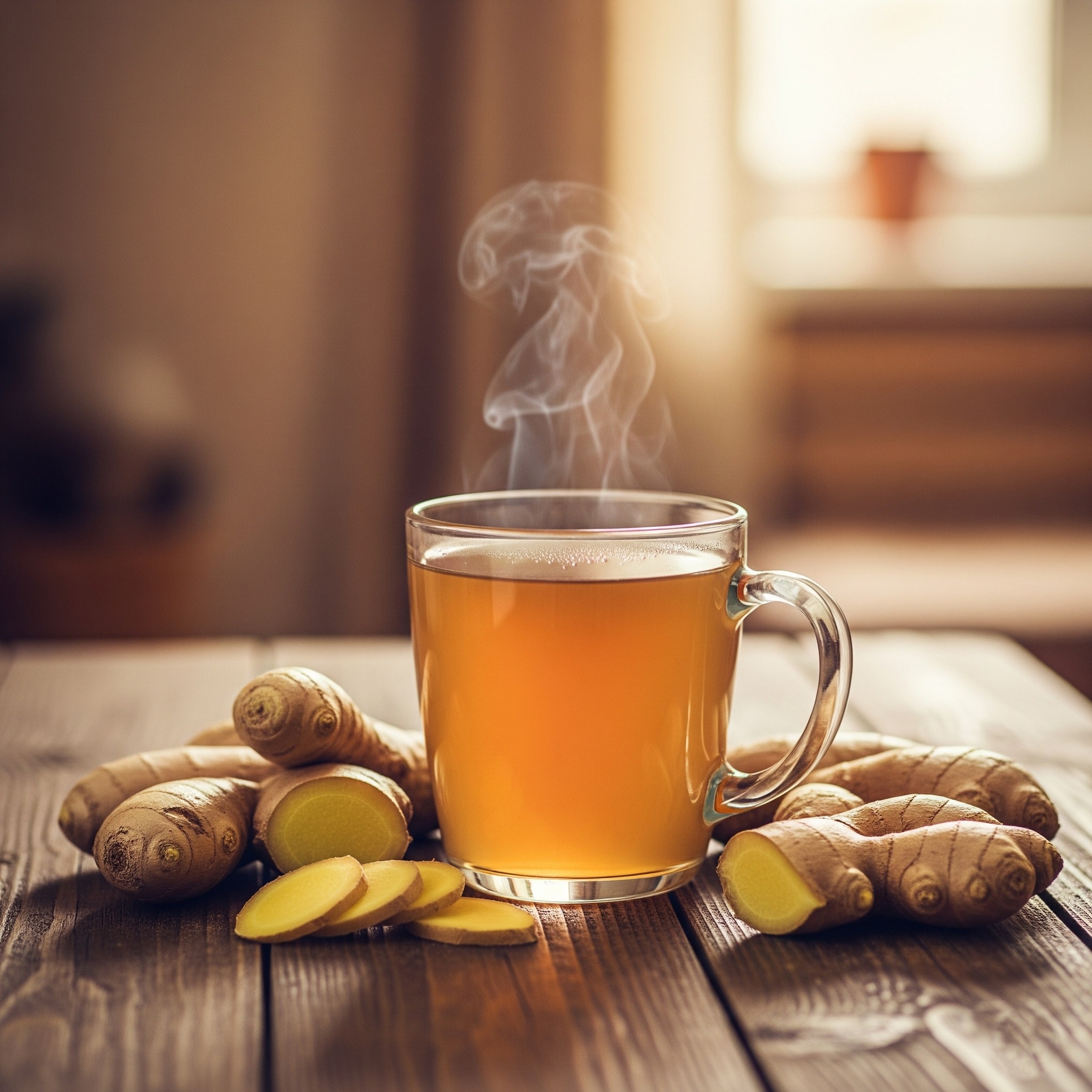 Cup of warm ginger tea with fresh sliced ginger root beside it