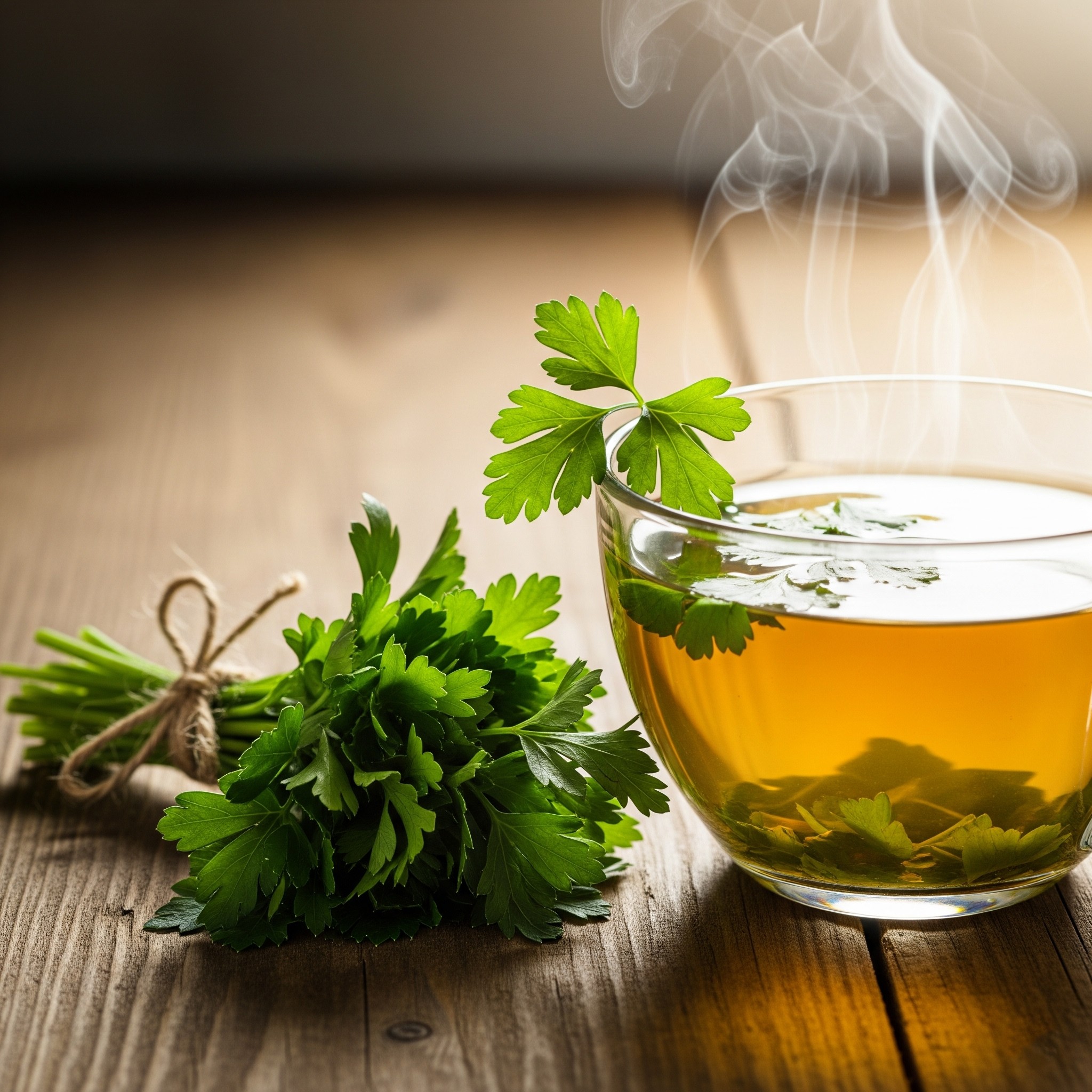 Light herbal parsley tea with fresh leaves floating