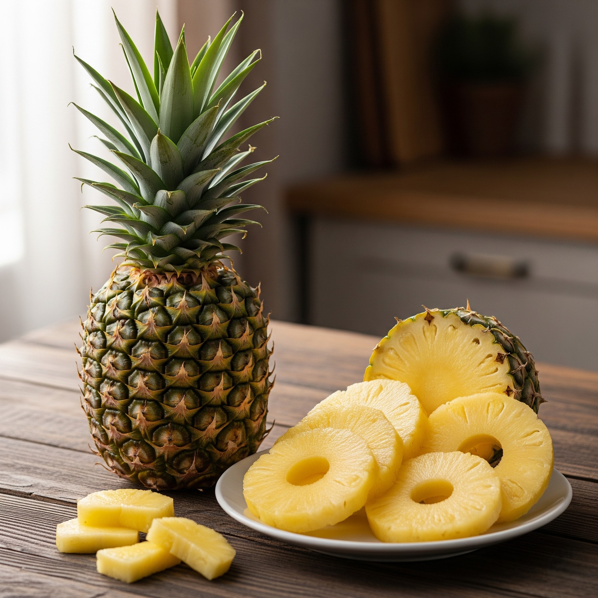 Fresh pineapple chunks showing fibrous yellow flesh