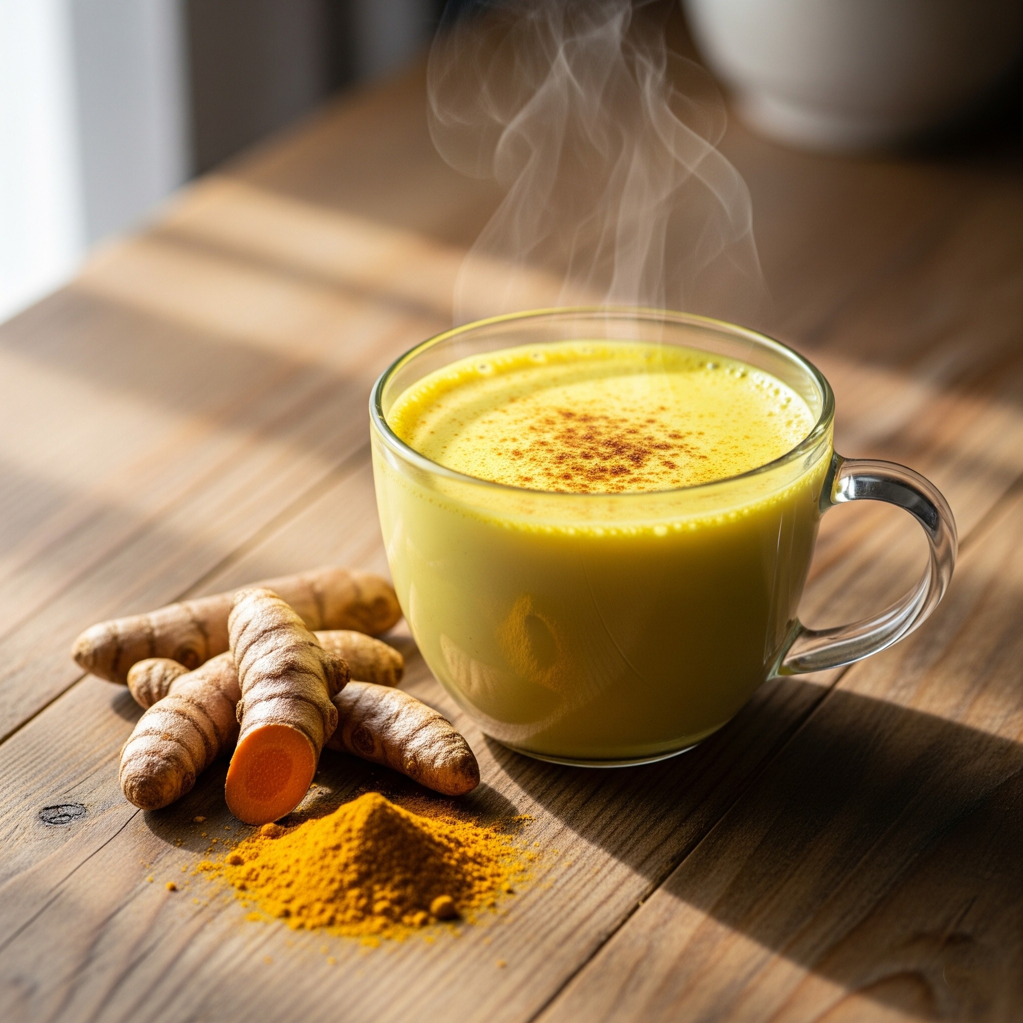 Golden turmeric milk in a glass with a pinch of powder on top