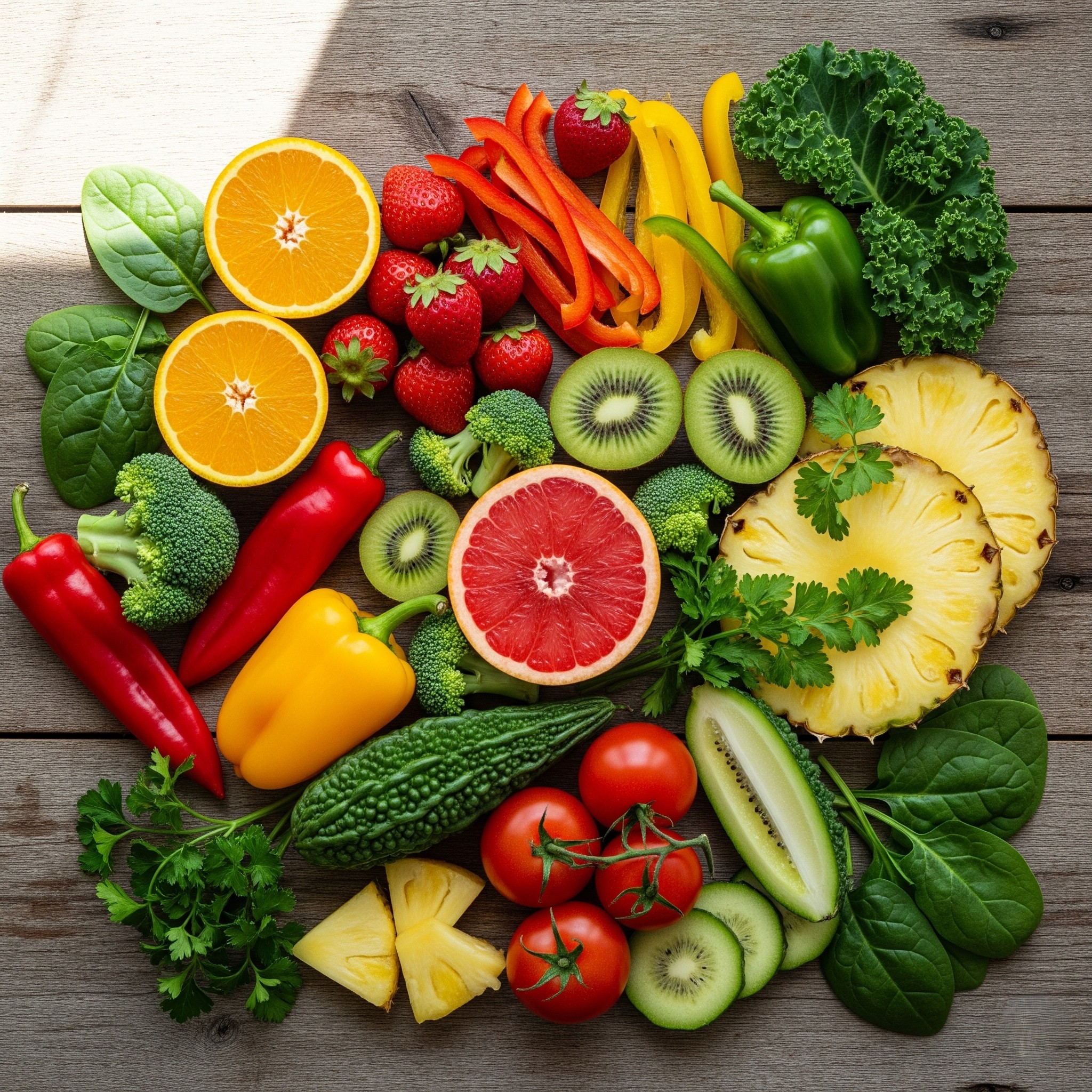 Assorted vitamin C rich foods like citrus, berries, kiwi and peppers