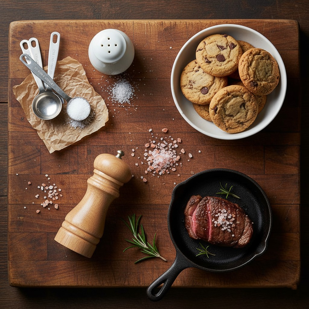 Cooking comparison showing table salt for baking and pink salt for finishing gourmet dishes