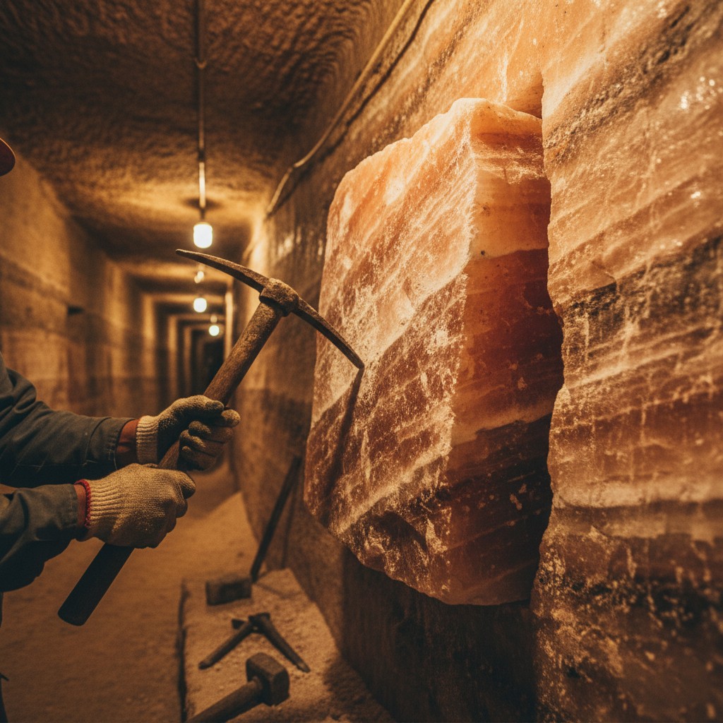 Himalayan salt mine showing natural pink rock salt formations