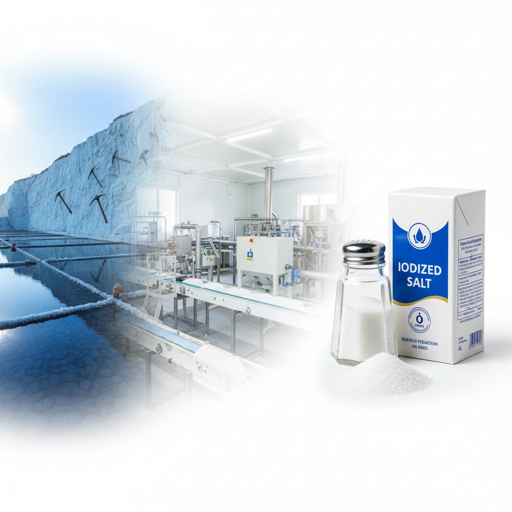 Table salt processing and refinement showing pure white crystals